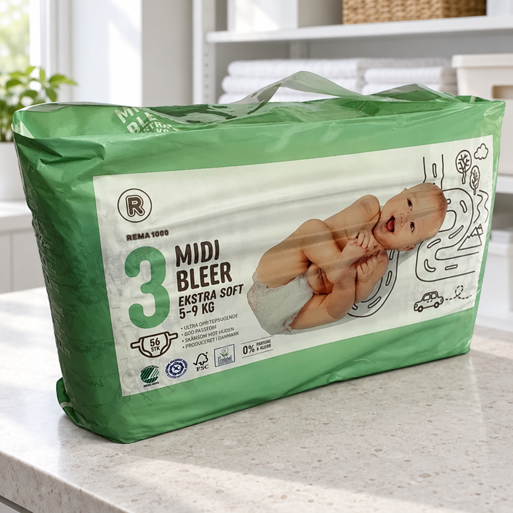 Miljøbillede af Rema 1000 Midi 3 blepakke til 5–9 kg på lys bordflade