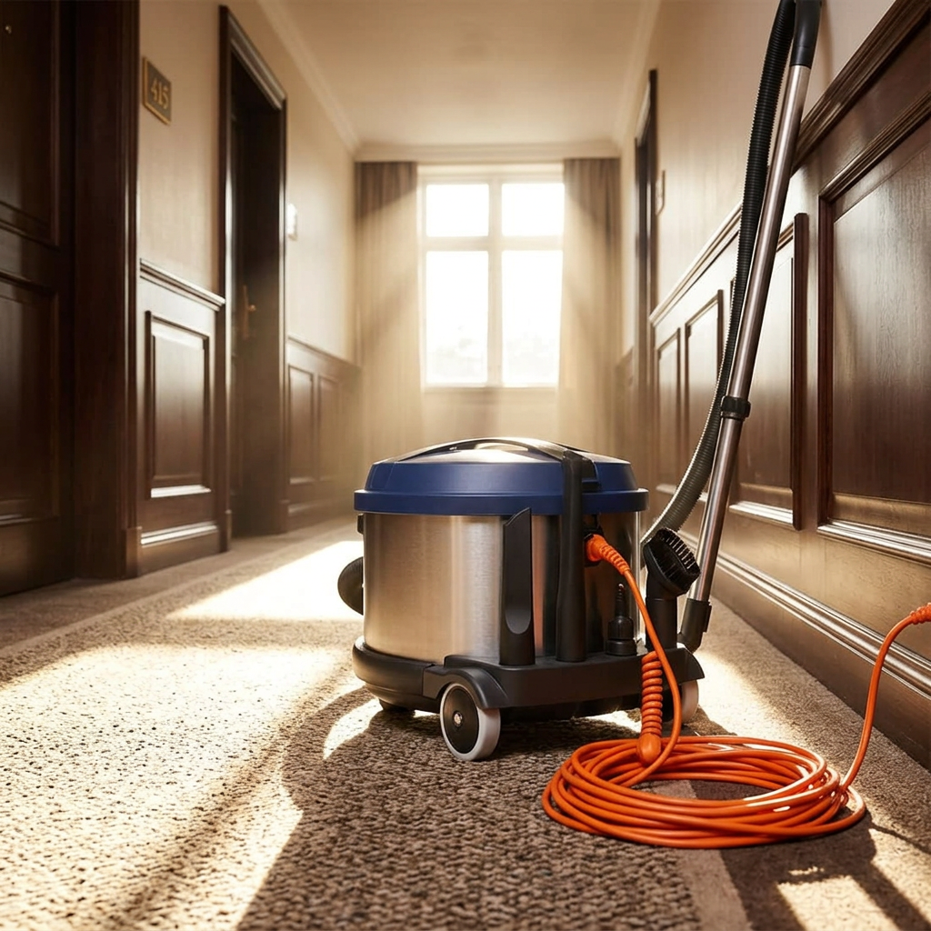 Nilfisk VP930 Blue Pro HEPA set fra siden i solbeskinnet hotelgang. Genereret stemningsbillede.