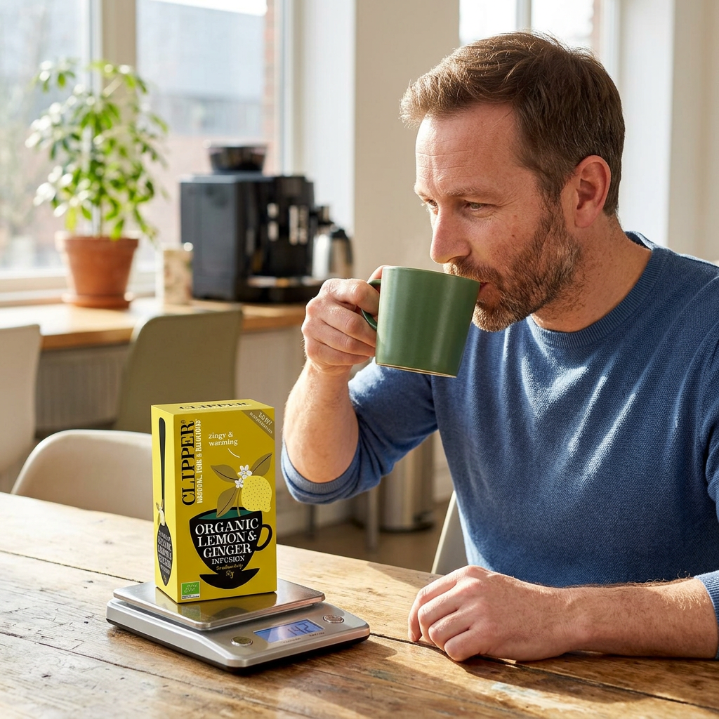 Mand drikker te med Clipper Citron og Ingefær på bordet