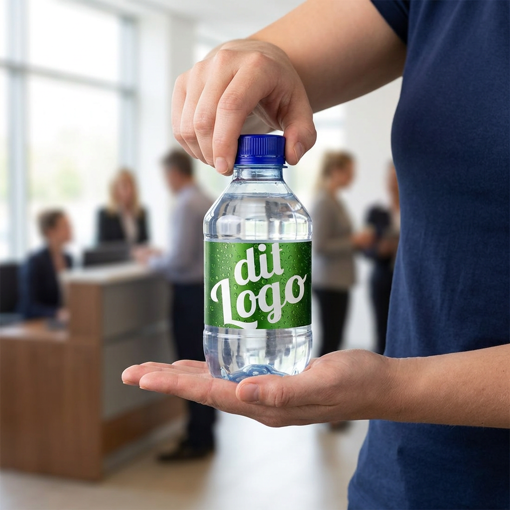 Blåt låg bruges på en 0,30-liters logovandsflaske ved receptionen