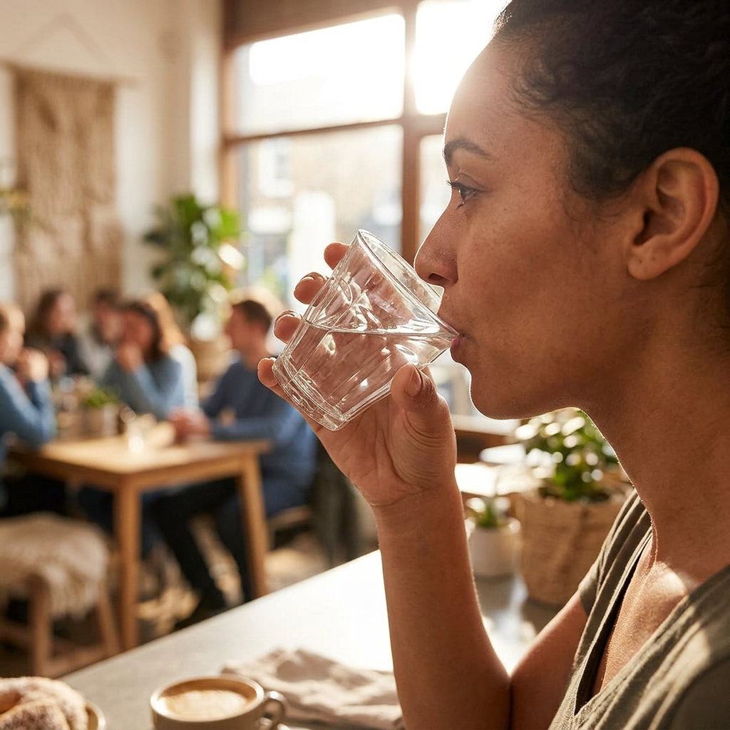 Voksen drikker vand af klart caféglas i sollyst café