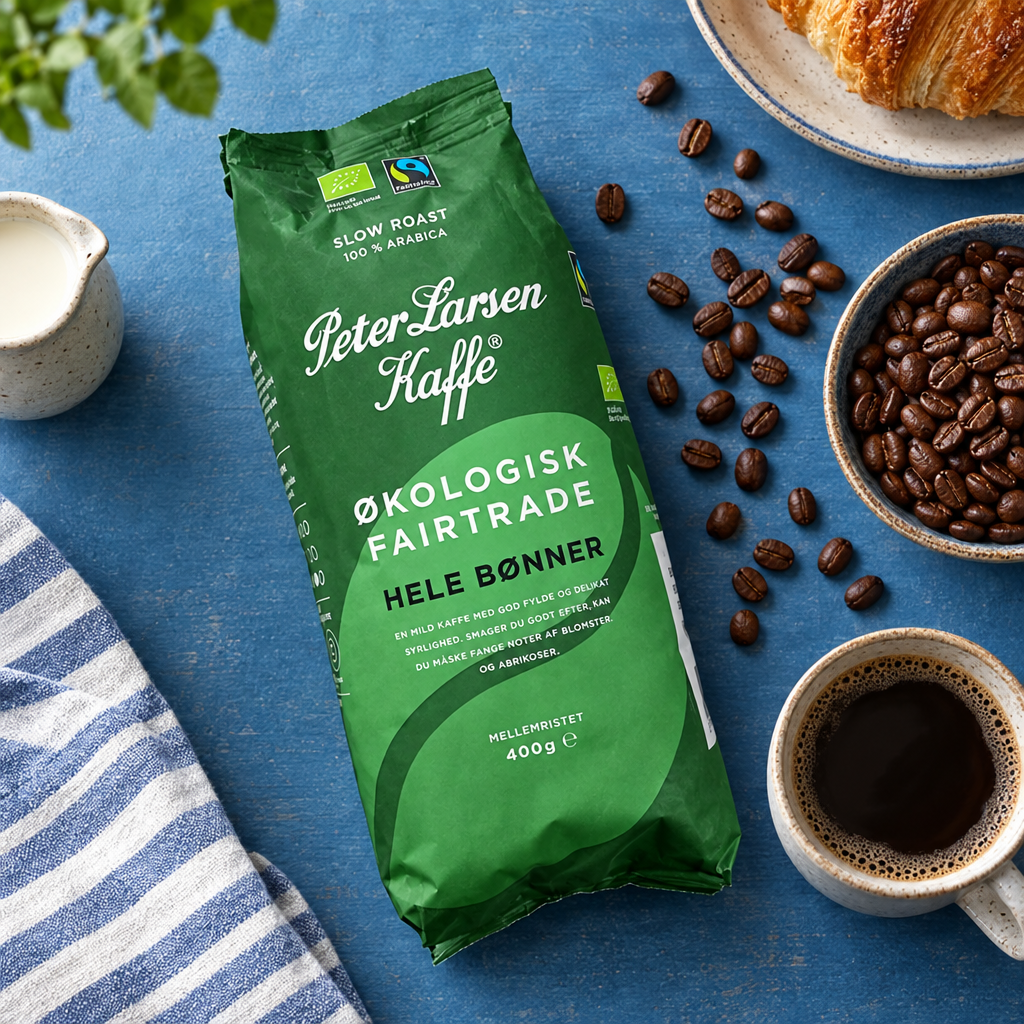 Peter Larsen økologisk Fairtrade-kaffe 400 g set ovenfra ved kaffebønner og kop, stemningsbillede