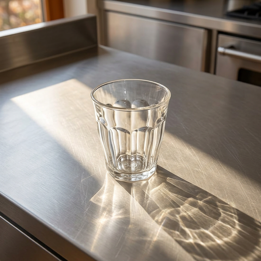 Tomt caféglas på stålbord i solbeskinnet køkken