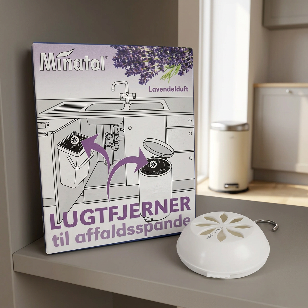 Minatol lavendel-lugtfjerner på hylde ved køkkenets affaldsområde, stemningsbillede