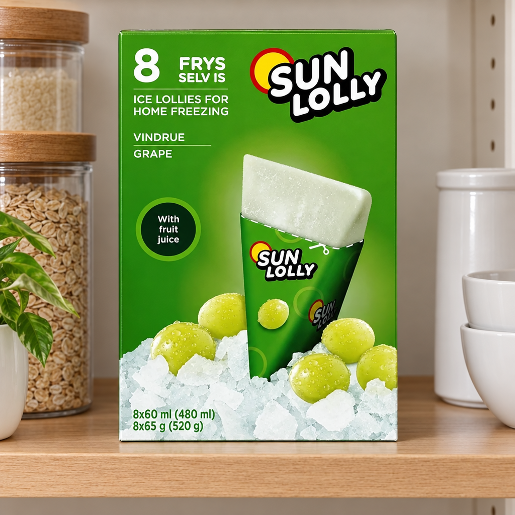 Sun Lolly Vindrue frys selv-is i grøn æske på tør køkkenhylde