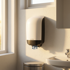 Katrin S 90106 centerrulledispenser ved hotellets personalehåndvask i sollys, stemningsbillede