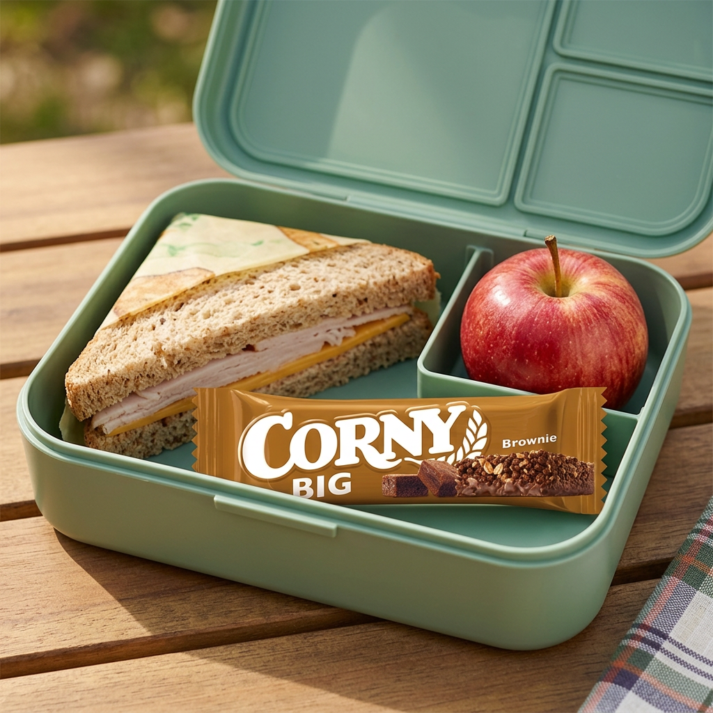 Corny Big Brownie i madkasse med sandwich og æble