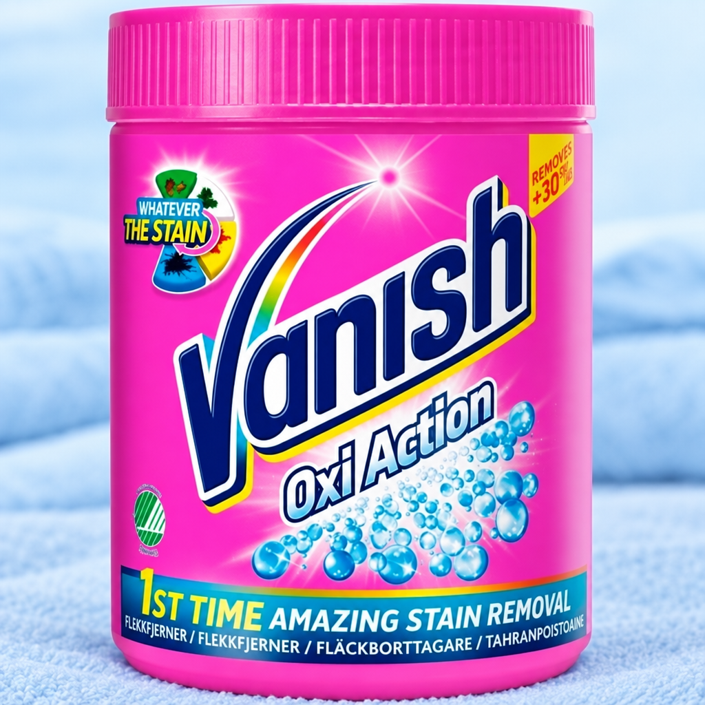Nærbillede af pink Vanish-bøtte med Oxi Action-etiket og skruelåg