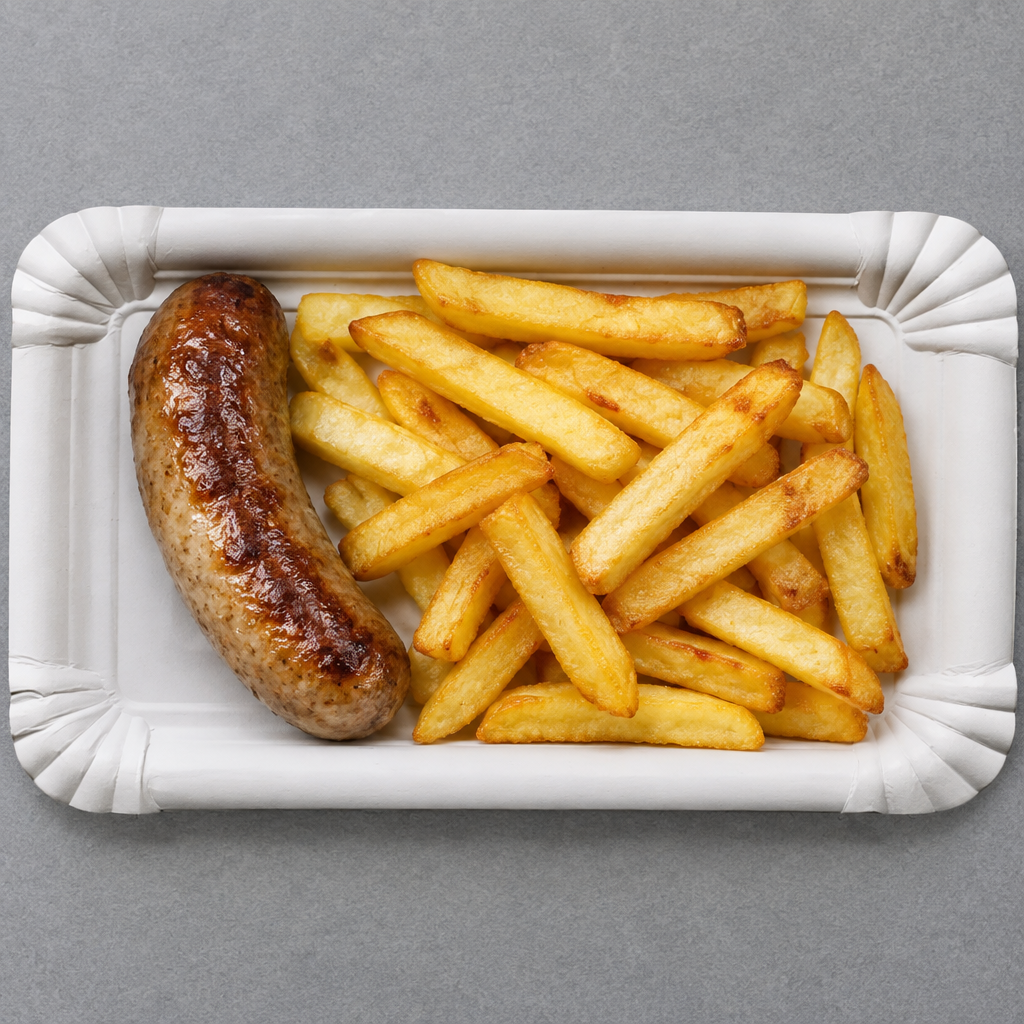 Hvid pølsebakke med pølse og pommes frites på gråt bord