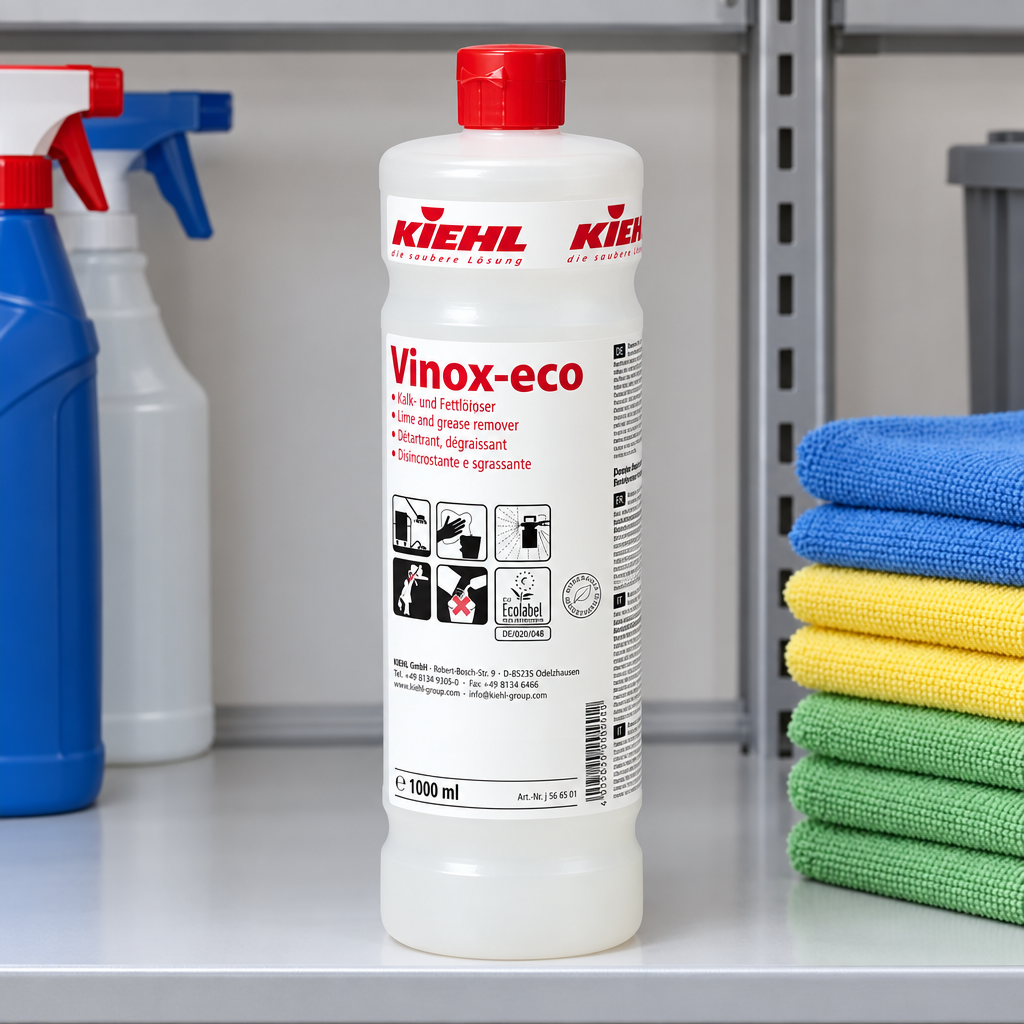 Kiehl Vinox-eco 1 L på depothylde med klude, stemningsbillede