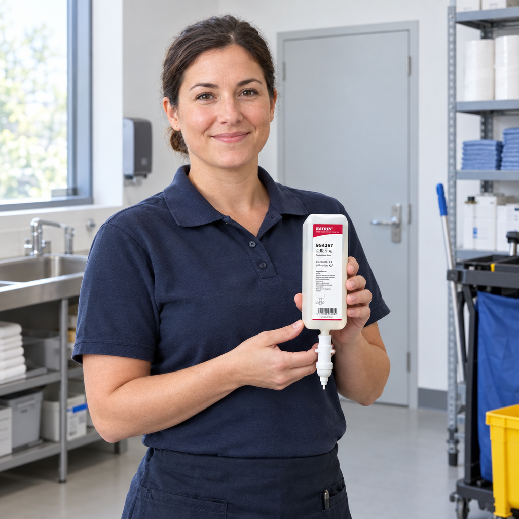 Medarbejder holder Katrin Ease 954267 skumsæberefill i et rent depotmiljø