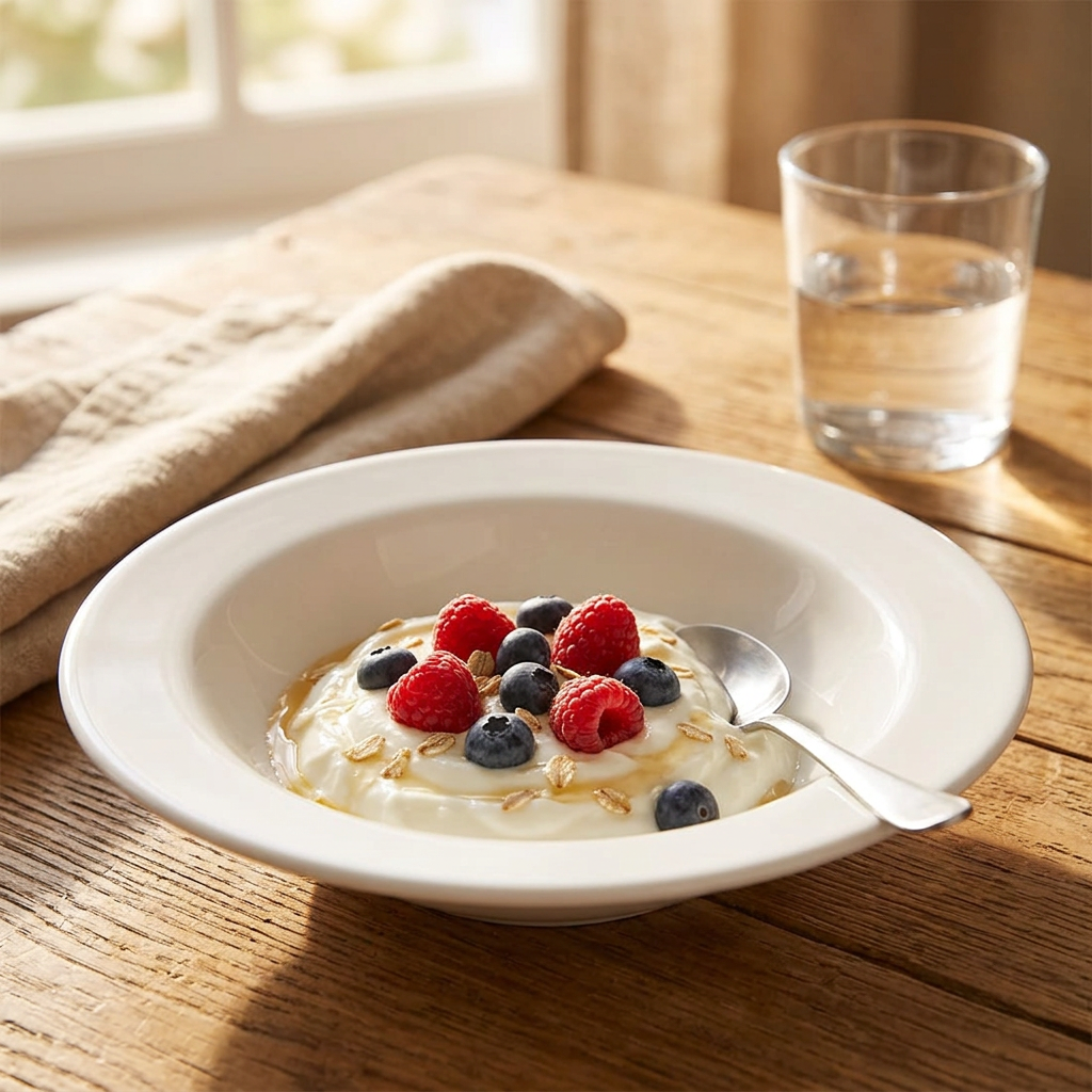 Hvid, dyb tallerken med yoghurt og bær på solrigt morgenbord