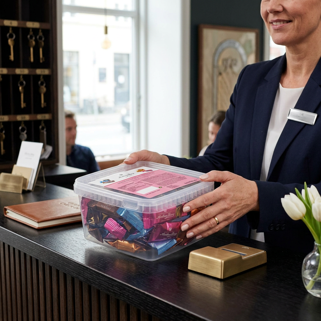 Receptionist stiller Anthon Berg Mixed Chocolate Selection på receptionsdisk