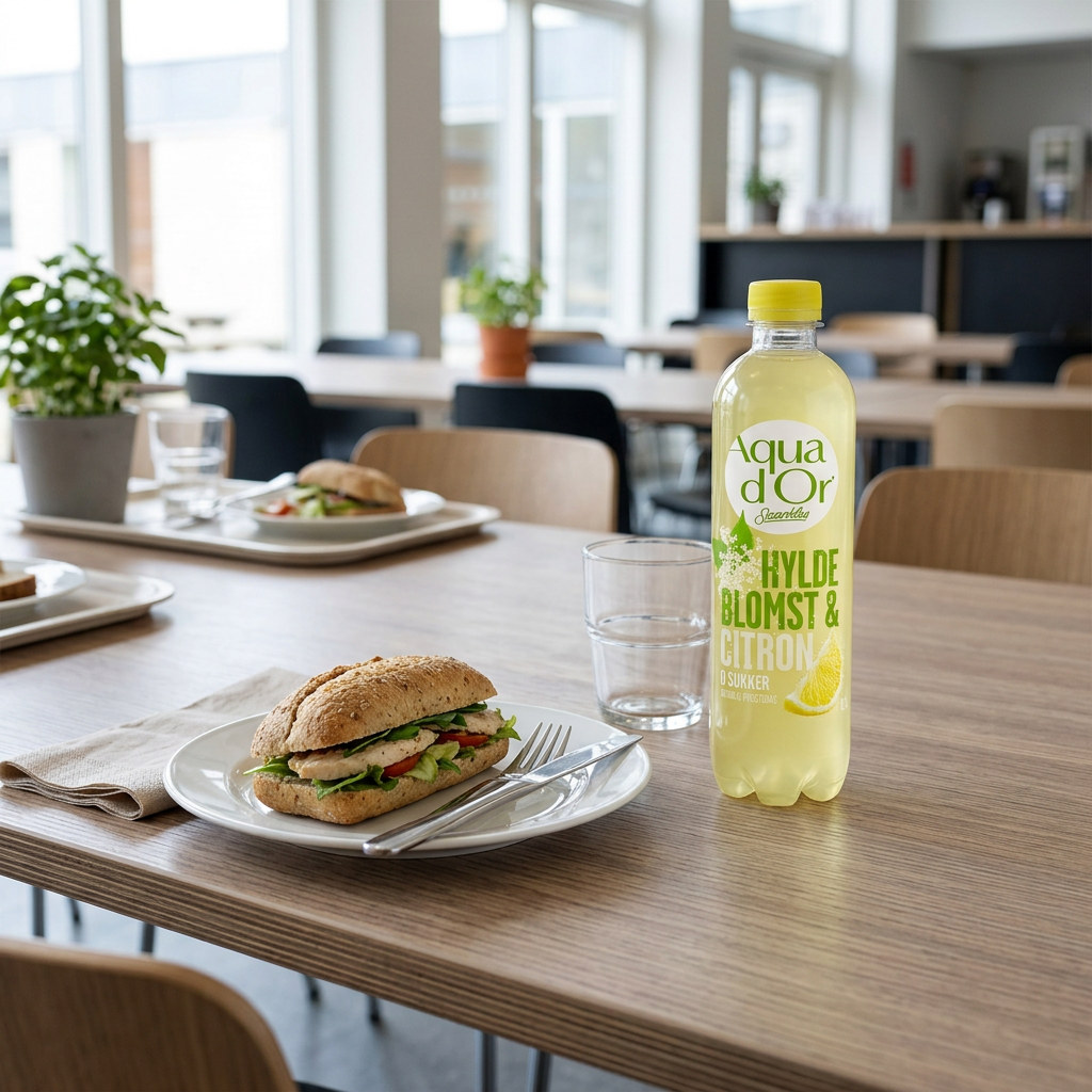 Aqua d’Or Sparkles Hyldeblomst & Citron til frokost i kantinen, stemningsbillede