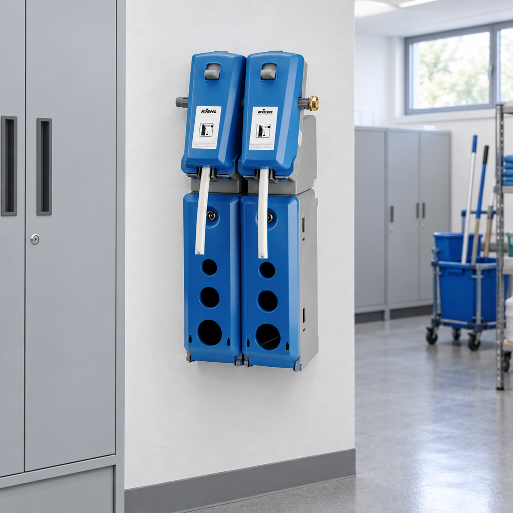 Kiehl multidoseringsstation i institutionsdepot ved skabe og moppevogn