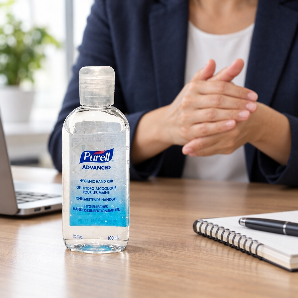 Illustreret håndindgnidning ved skrivebord med Purell Advanced 100 ml i forgrunden