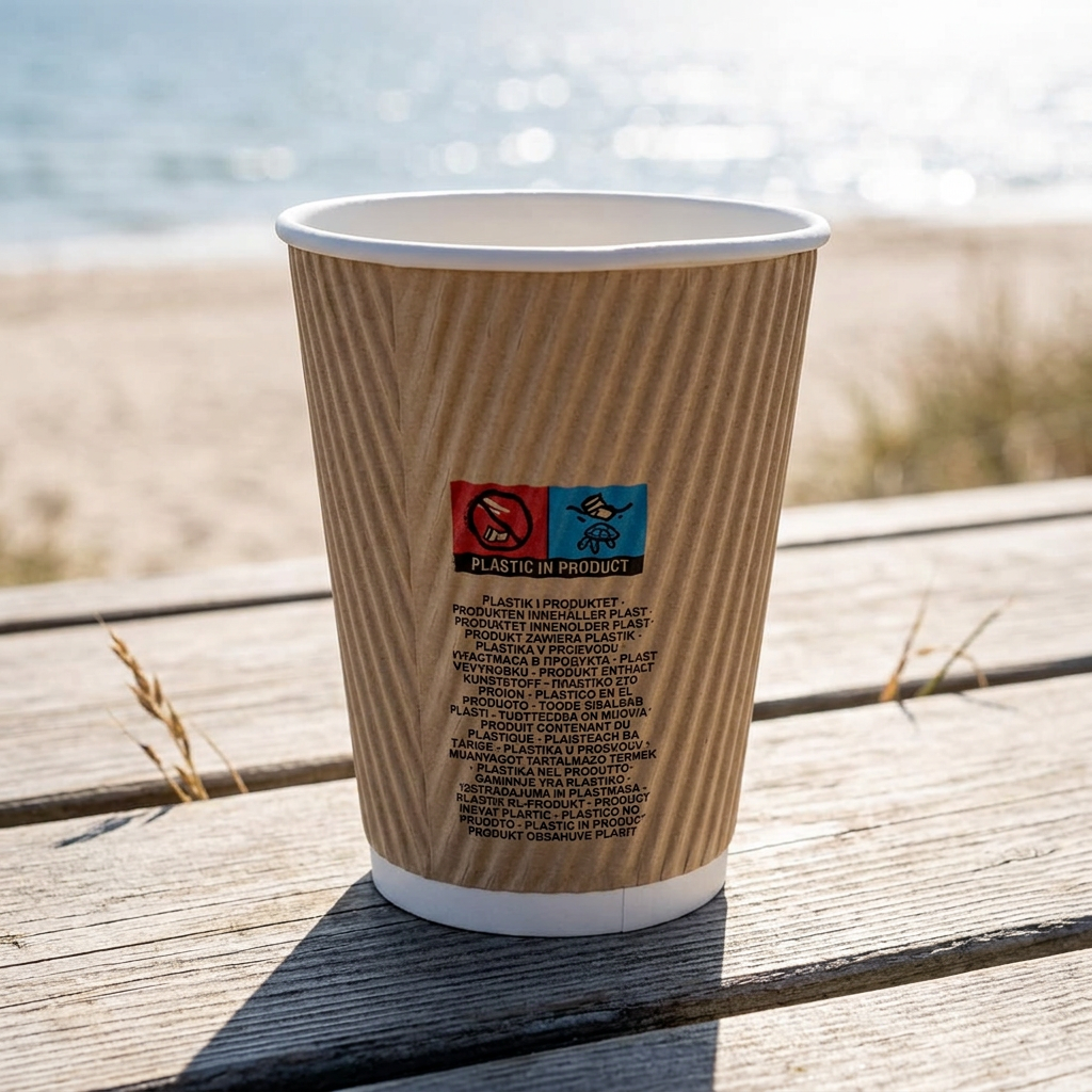 Brunt kaffebæger på træbord ved solrig strand