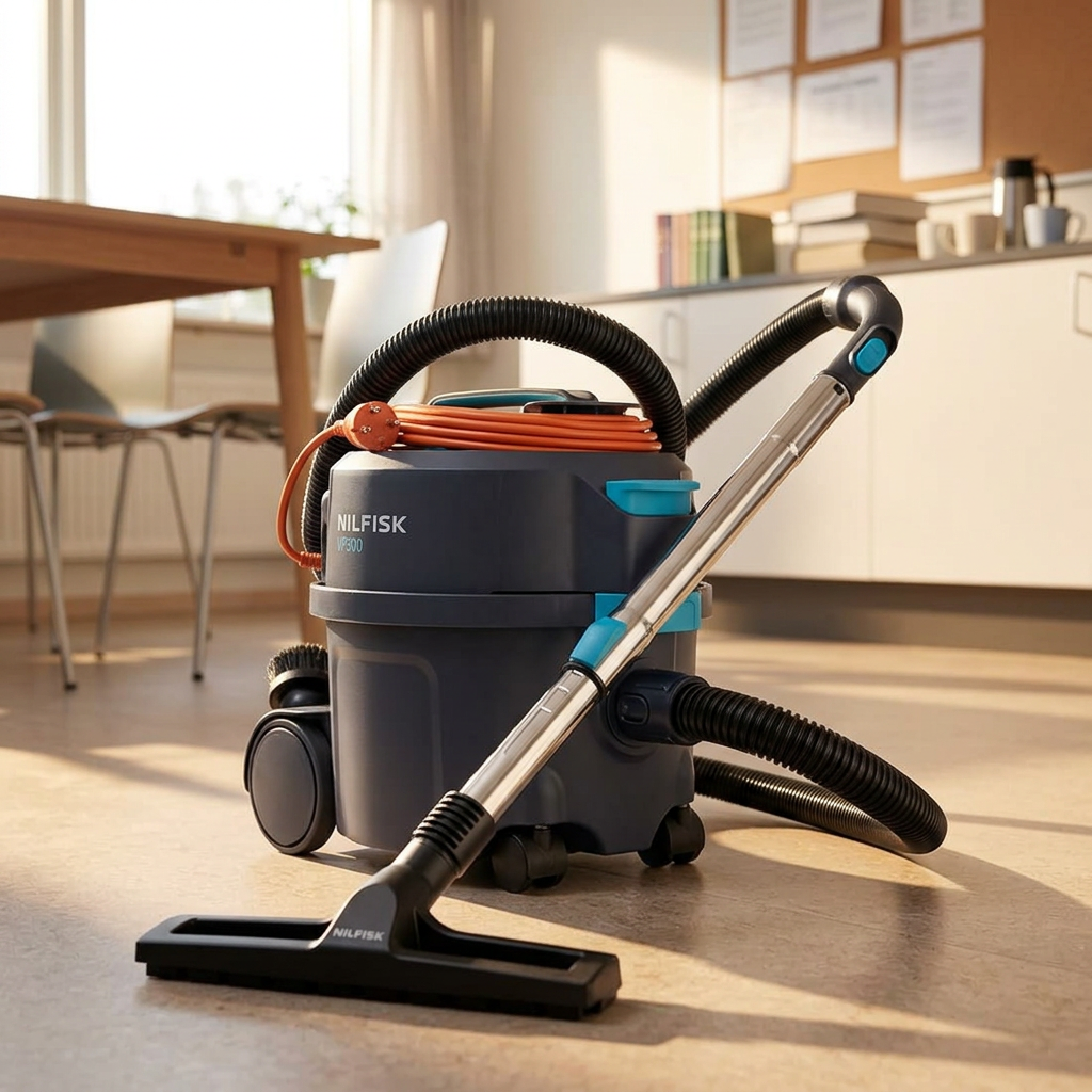 Nærbillede af Nilfisk VP300 i solbeskinnet personalerum. Genereret stemningsbillede.