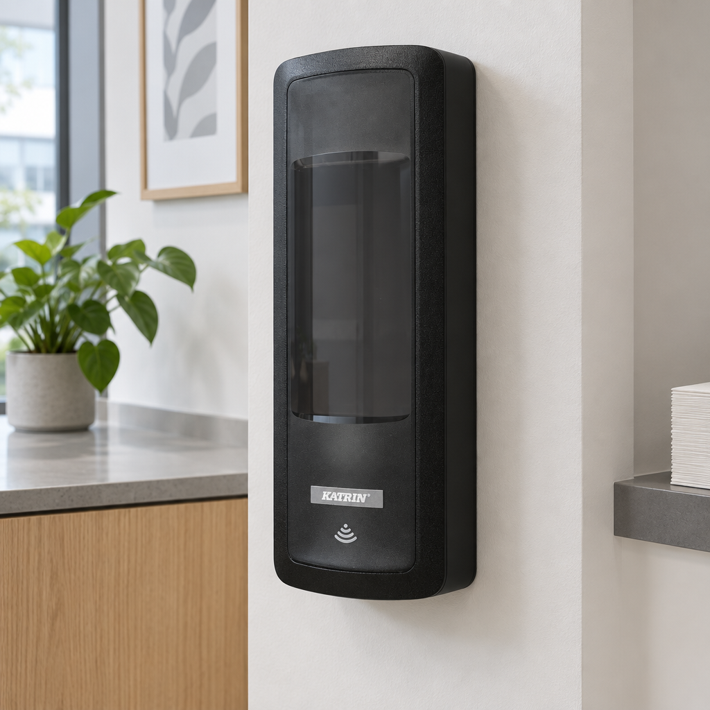 Stemningsillustration af sort Katrin 44702-dispenser ved arbejdspladsens hygiejnestation