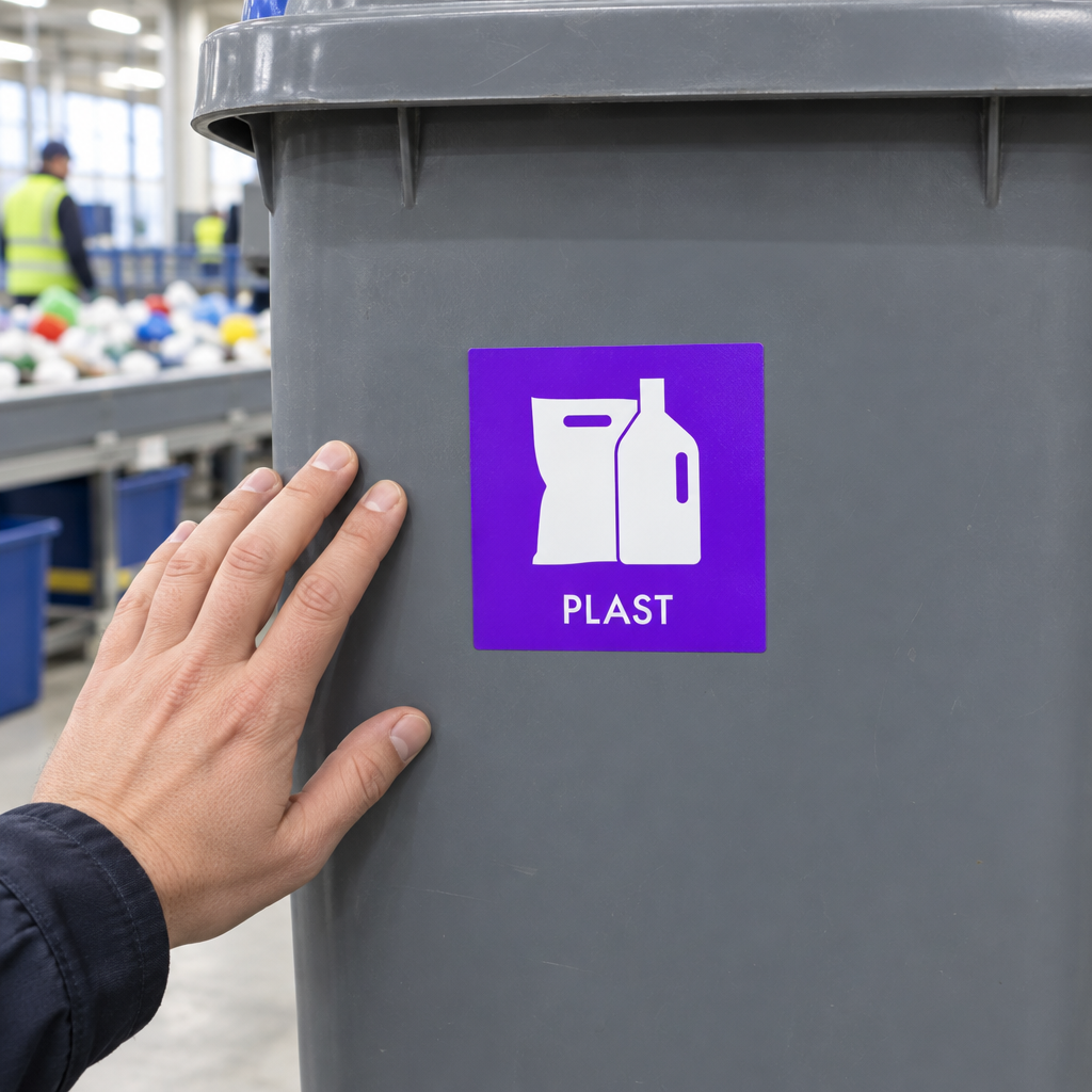 Lilla PLAST-piktogram på affaldsbeholder ved sorteringsstation