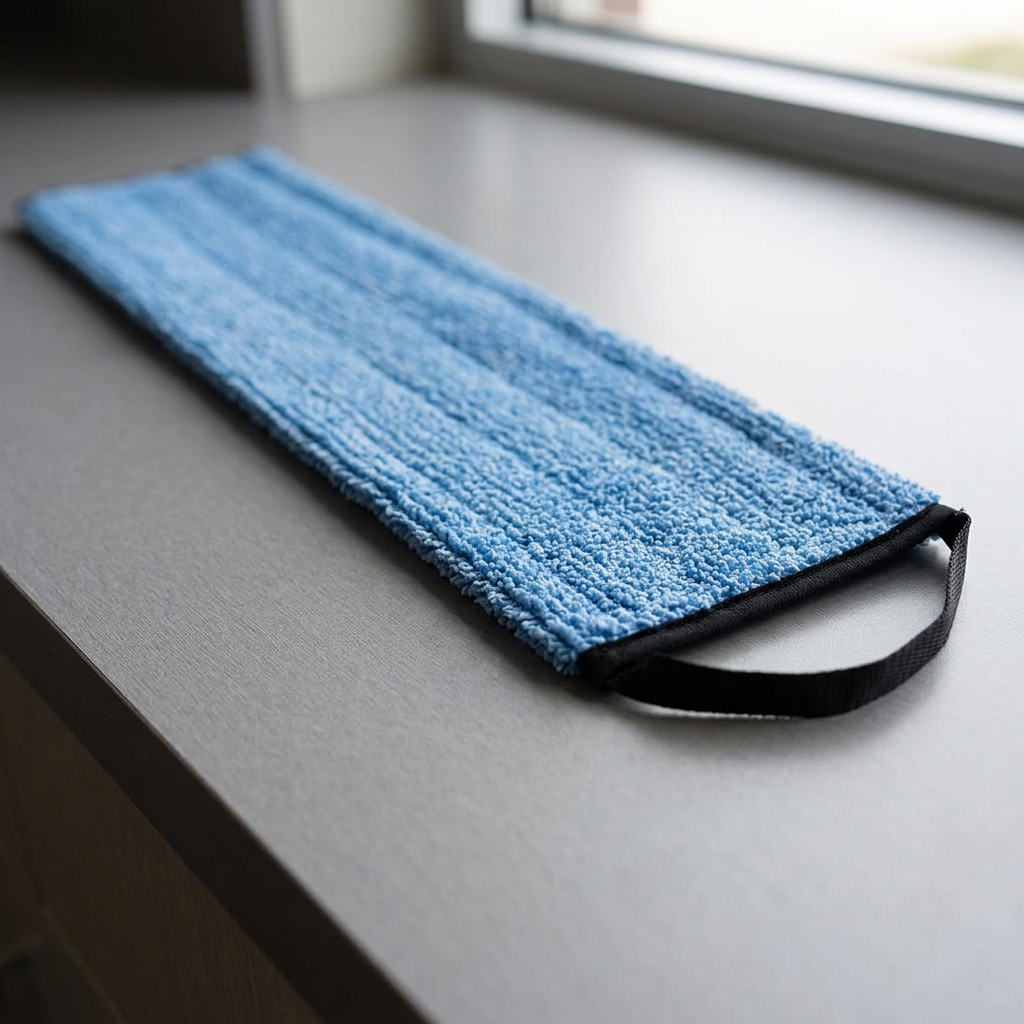 Nærbillede af blå mikrofiber, sort kant og ophængsstrop