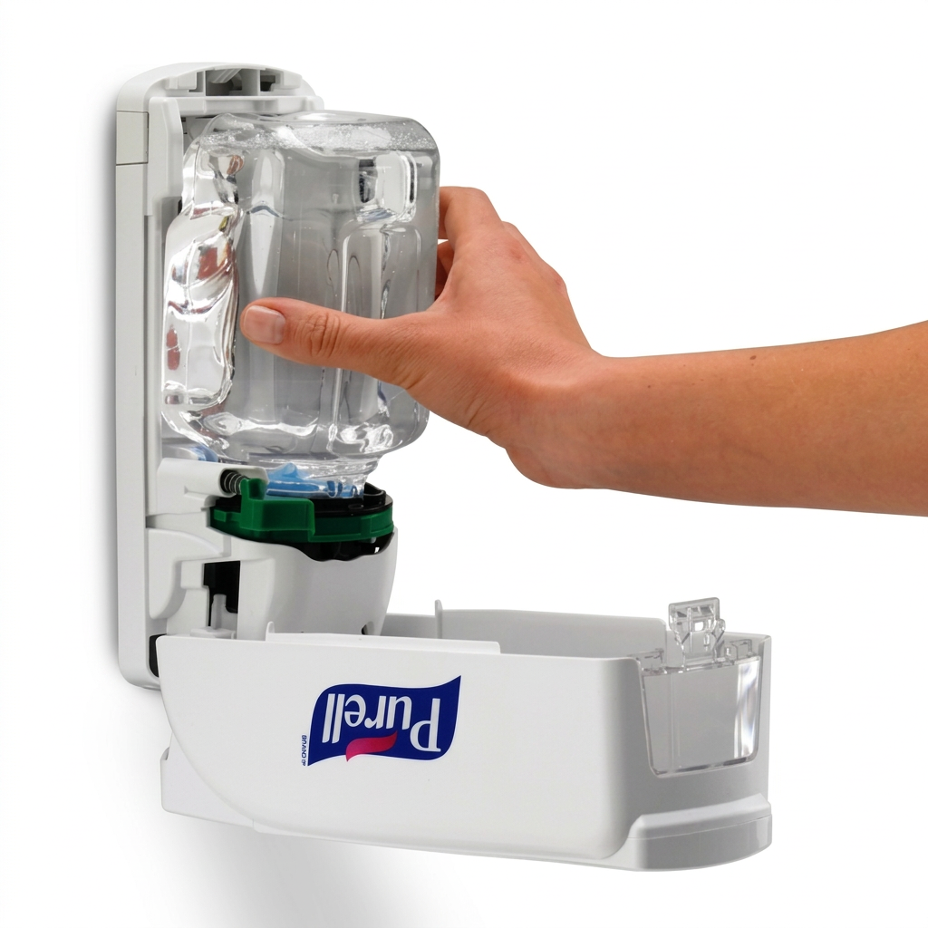 Genereret version af åbent refillskift i Purell ADX-7-dispenser på hvid baggrund