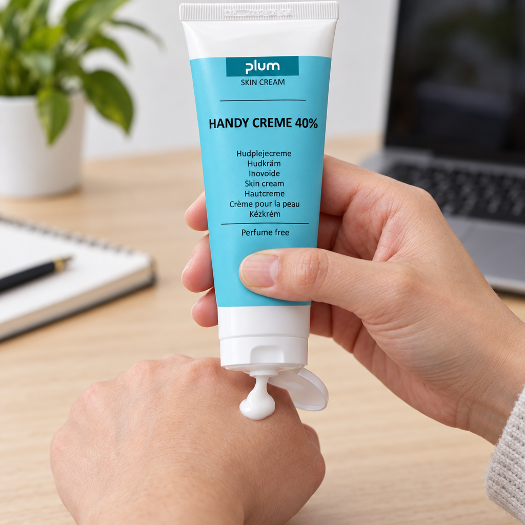 Stemningsbillede: Plum Handy Creme 40 % doseres på hånden ved et skrivebord