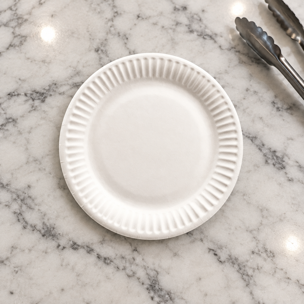 Hvid paptallerken på marmorbord ved serveringstang