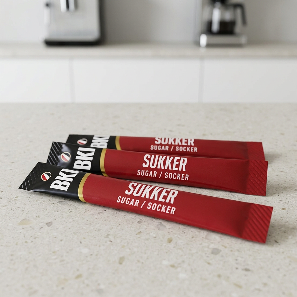 Tre BKI sukkersticks på lys bordplade i kontorkøkken