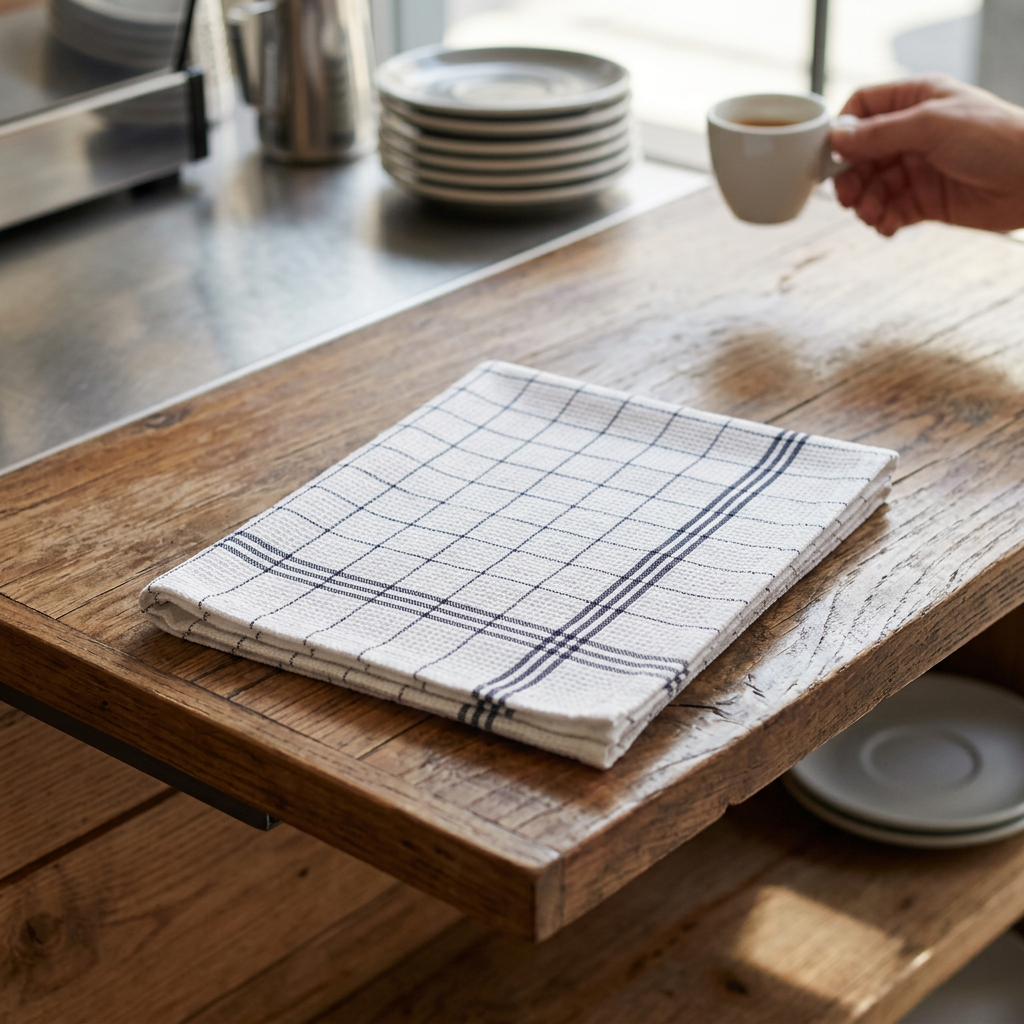 Foldet kokkeviskestykke ved caféens serviceområde