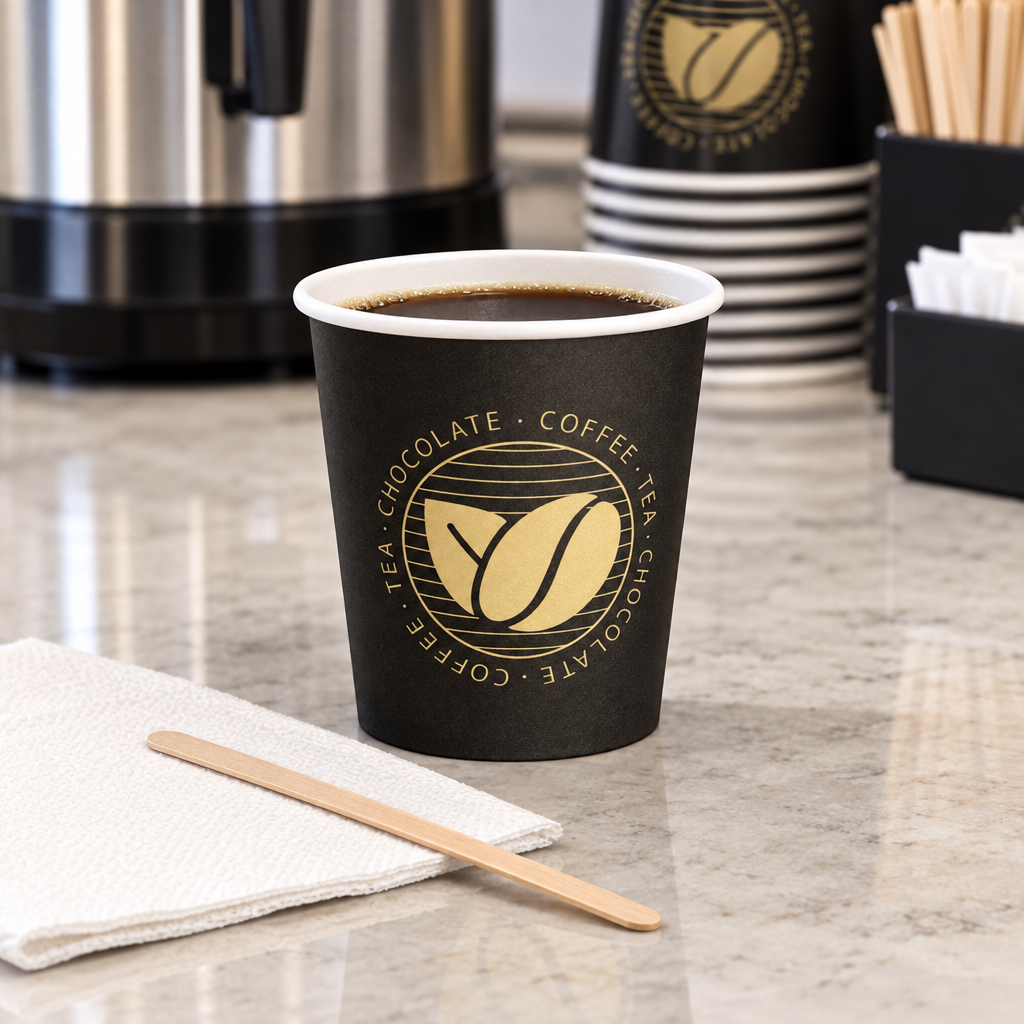 Beans-kaffebæger ved kaffestation med serviet og rørepind