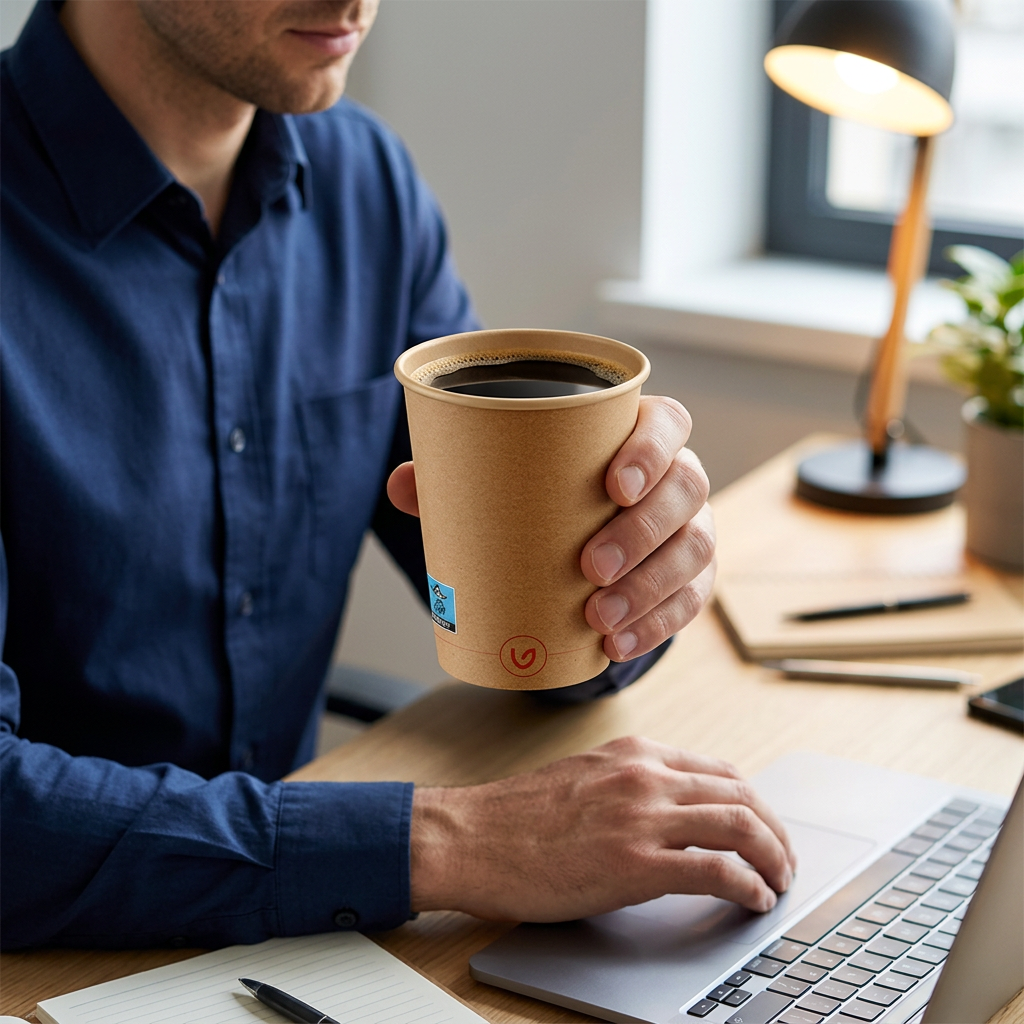 Voksen kontormedarbejder holder Verive-kaffebæger med kaffe ved skrivebord