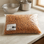 Gennemsigtig pose med fuldkornsfusilli 5 kg på en lys køkkenbordplade