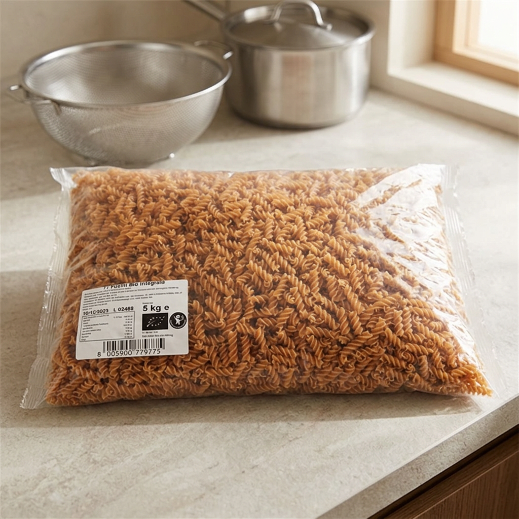 Gennemsigtig pose med fuldkornsfusilli 5 kg på en lys køkkenbordplade