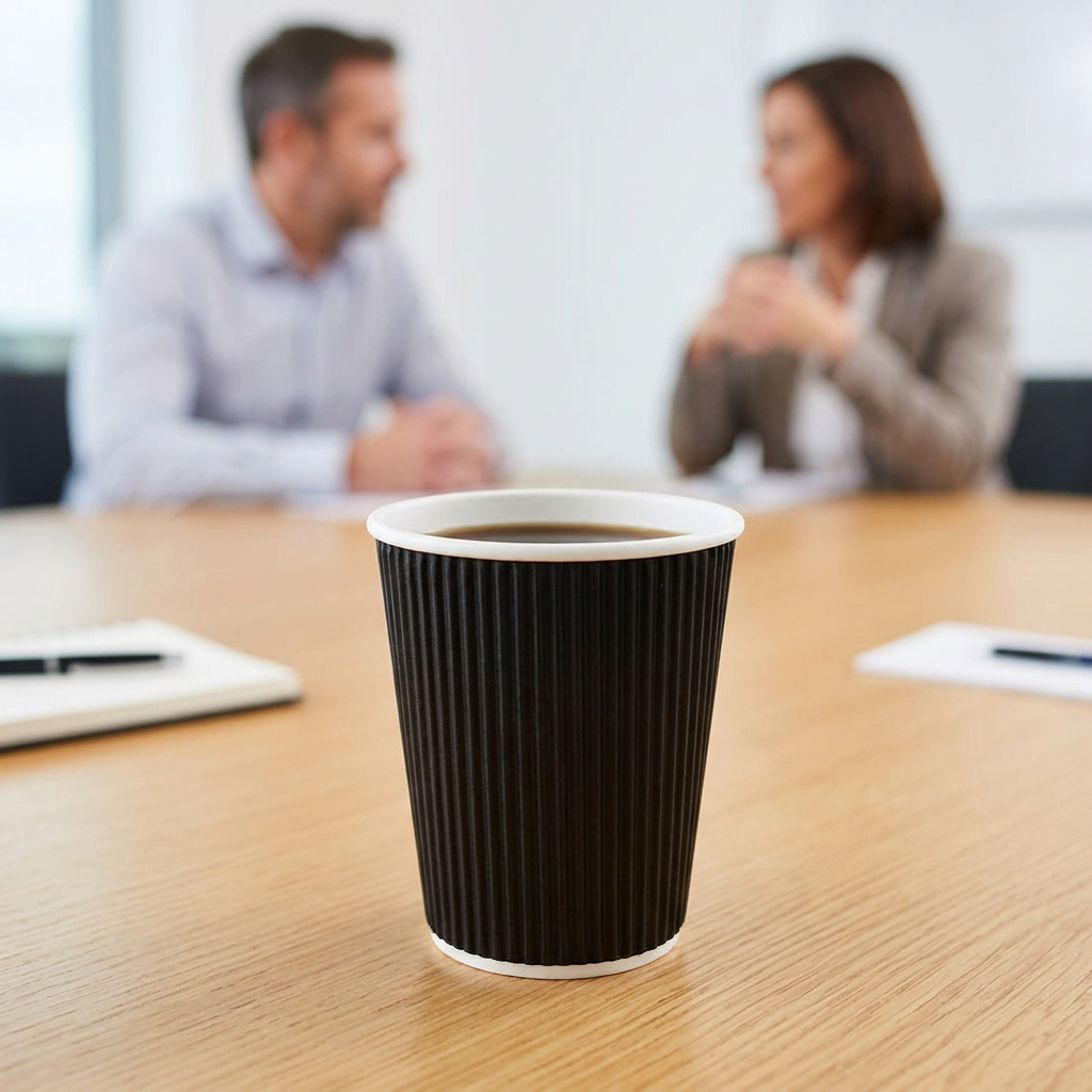 Sort Ripple Wall kaffebæger med kaffe på mødebord med to voksne kolleger i baggrunden