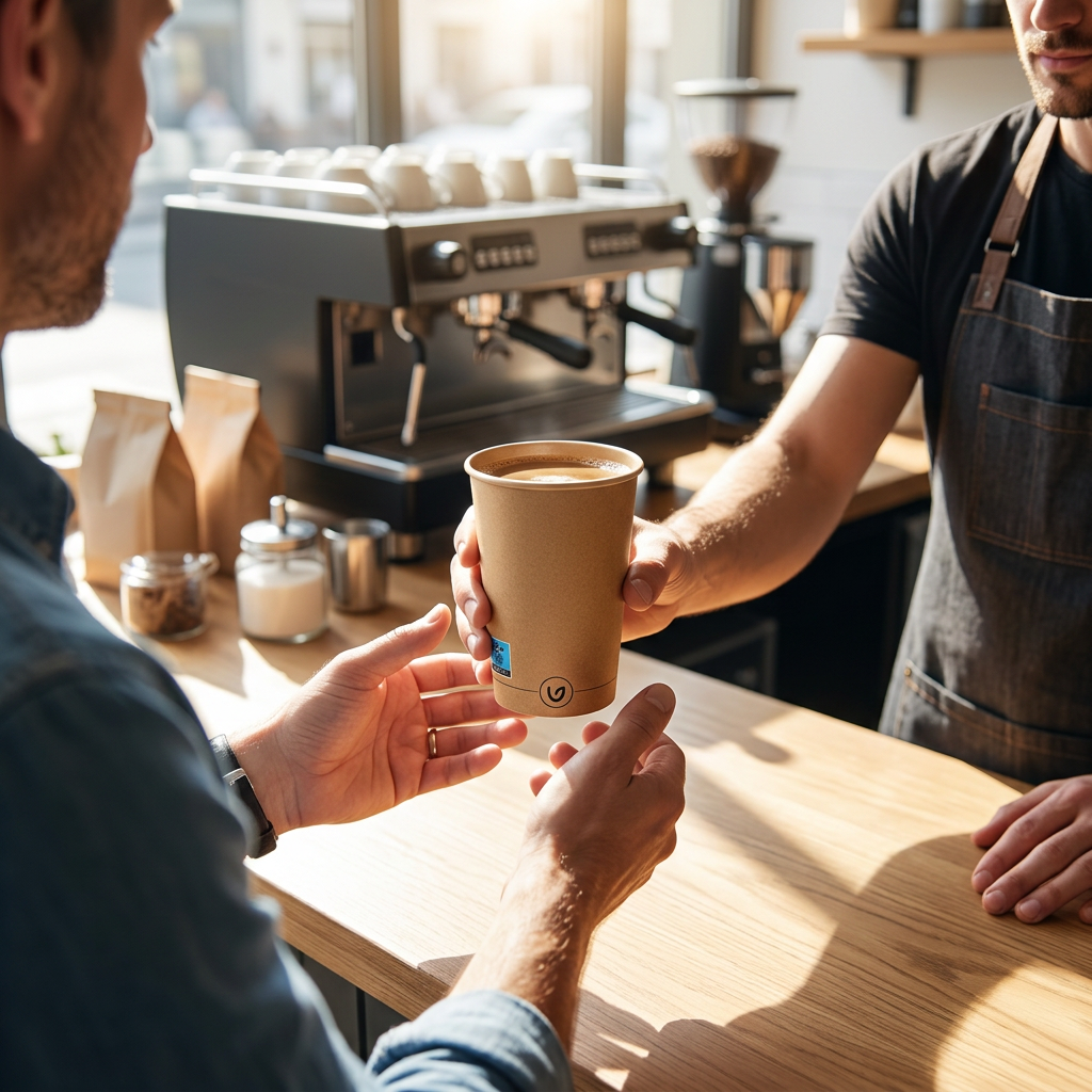 Barista rækker et brunt kaffebæger til en voksen gæst ved en solrig cafédisk