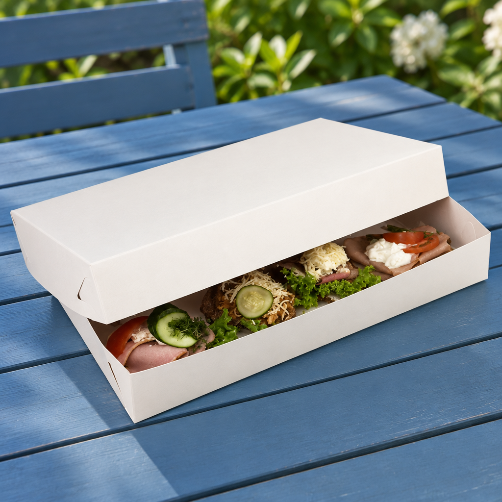 Hvid smørrebrødsæske med delvist åbent låg på blåt havebord