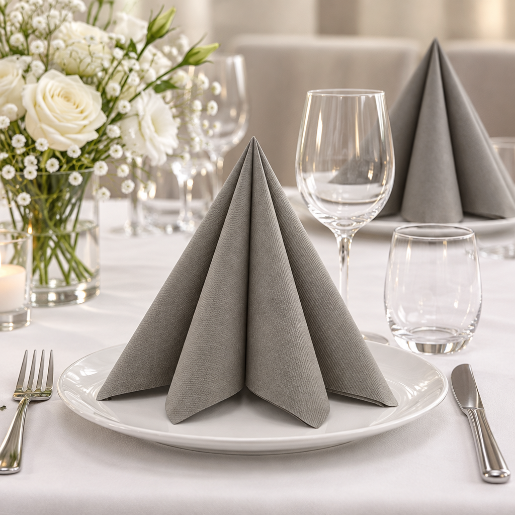 Festbord med Beige Grey-servietter og hvide blomster