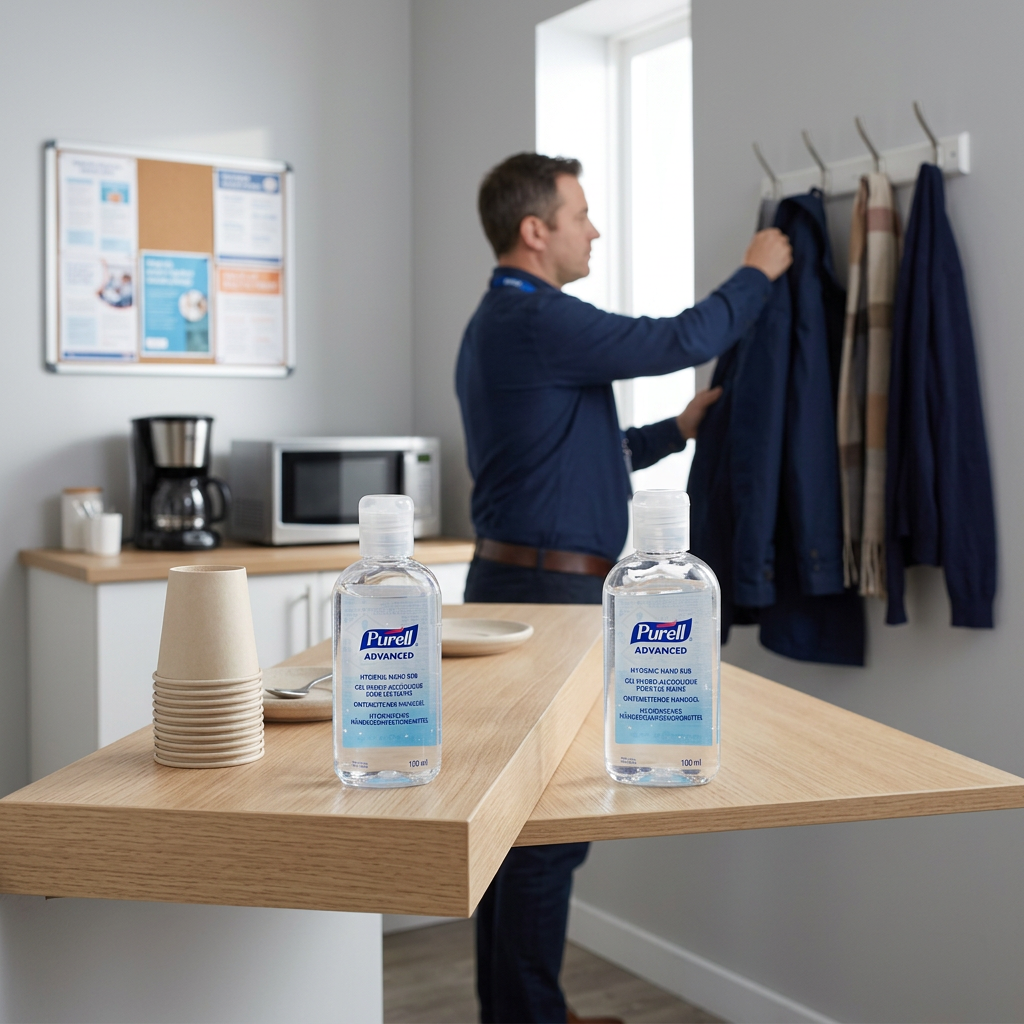 To genererede Purell-flasker i personalerum med voksen medarbejder; salgsenheden er én flaske