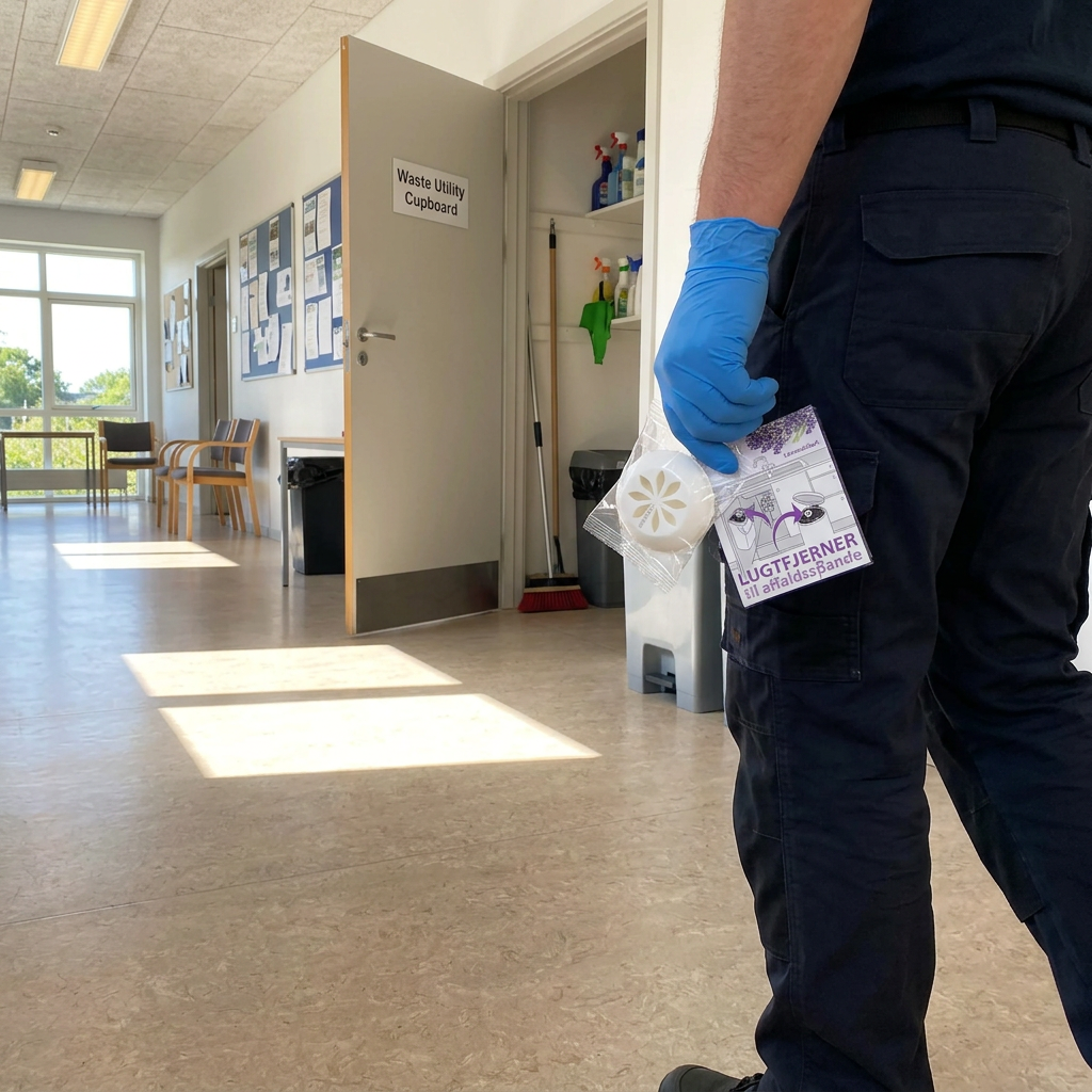 Voksen bærer indpakket Minatol lavendel-lugtfjerner ved rengøringsskab, stemningsbillede