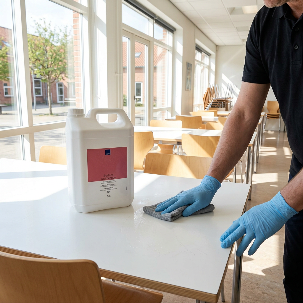 Voksen med nitrilhandsker aftørrer spisebord ved dunk med ABENA overfladedesinfektion