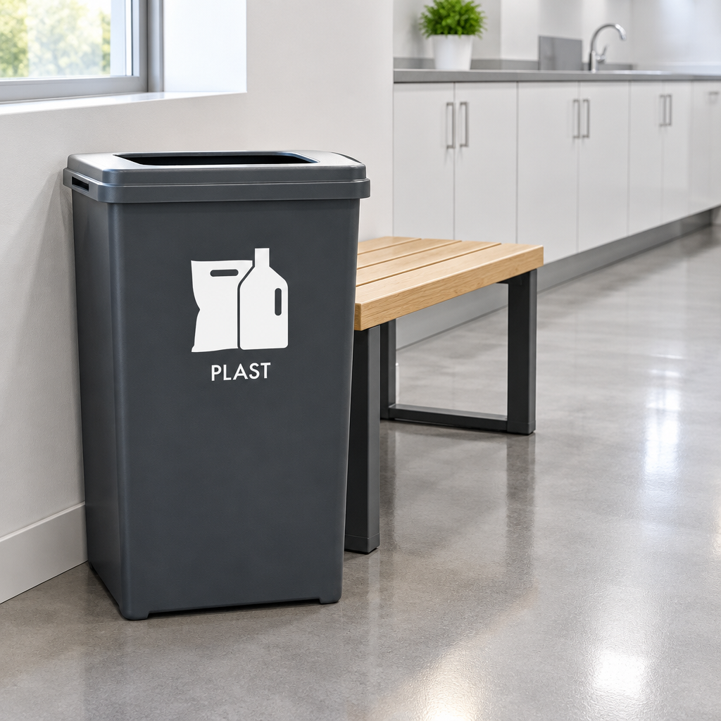 Affaldsbeholder med hvidt PLAST-motiv ved bænk i arbejdsrum
