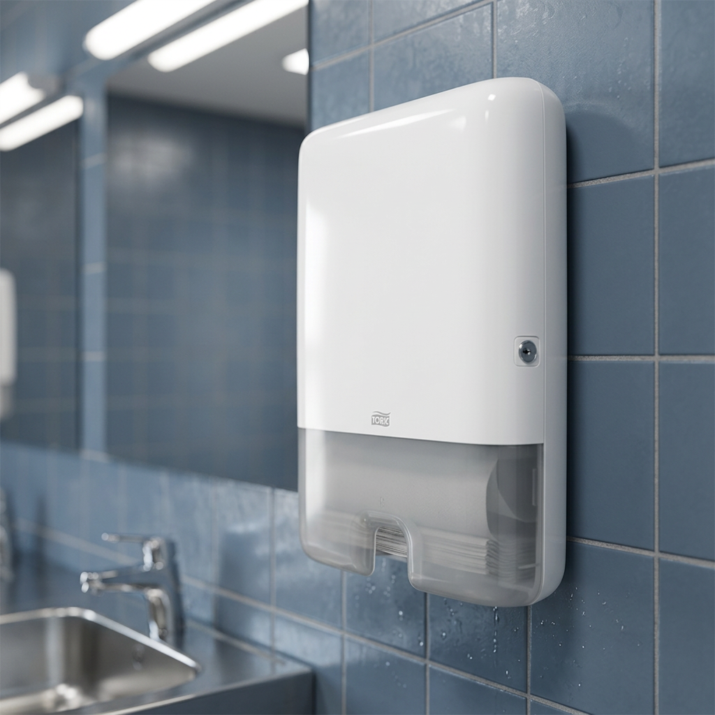 Hvid Tork Xpress H2-dispenser på blågrå fliser ved håndvask