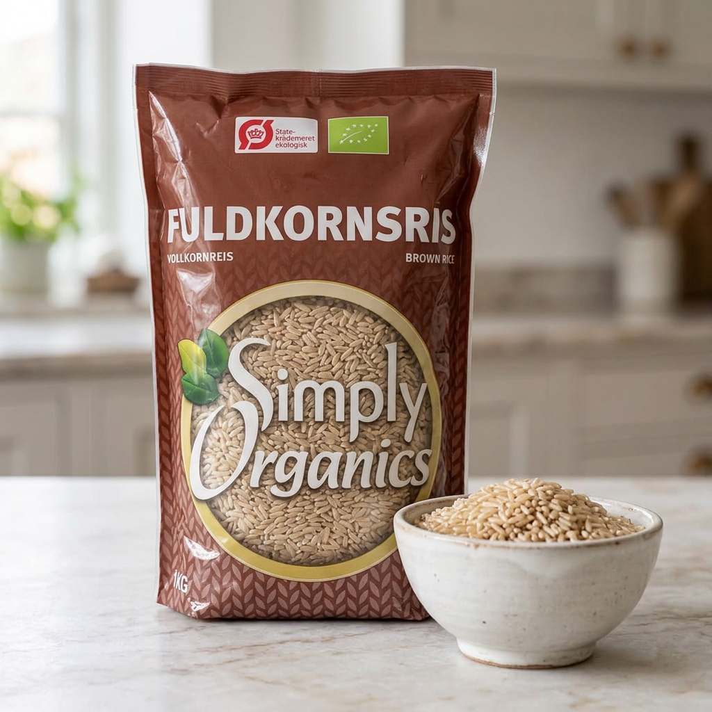 Simply Organics fuldkornsris med en skål tørre brune ris
