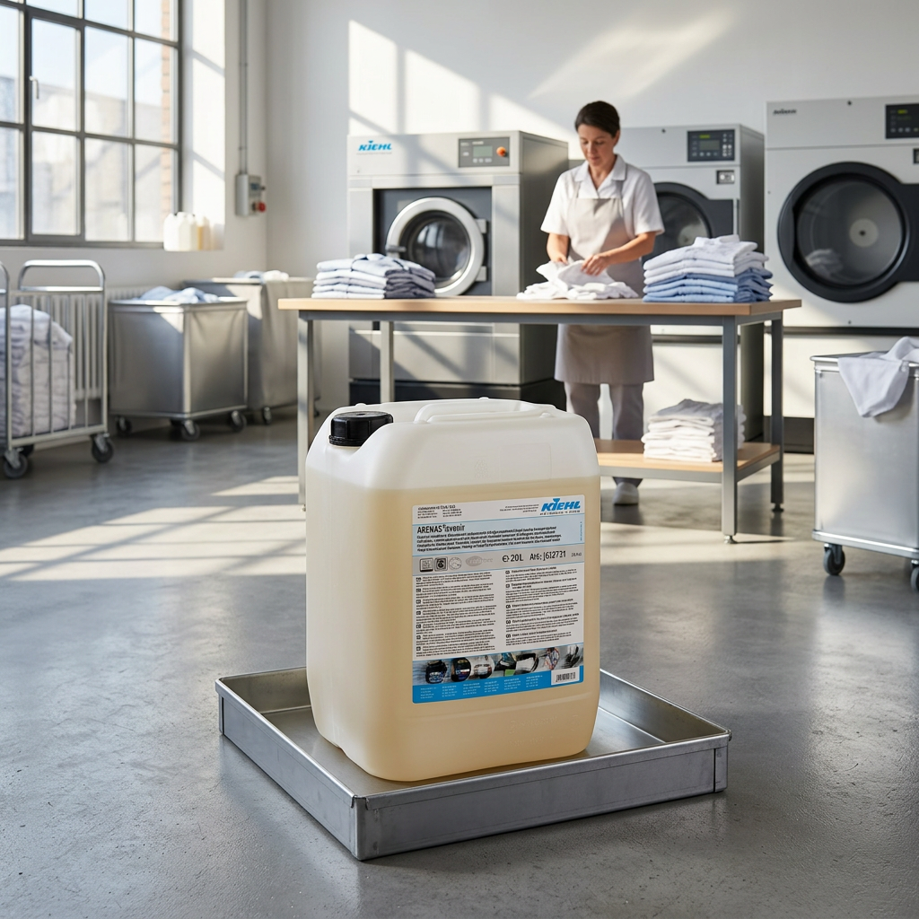 Kiehl Arenas Avenir 20 L i metalbakke i sollyst vaskeri med en voksen, der folder tekstiler i baggrunden.