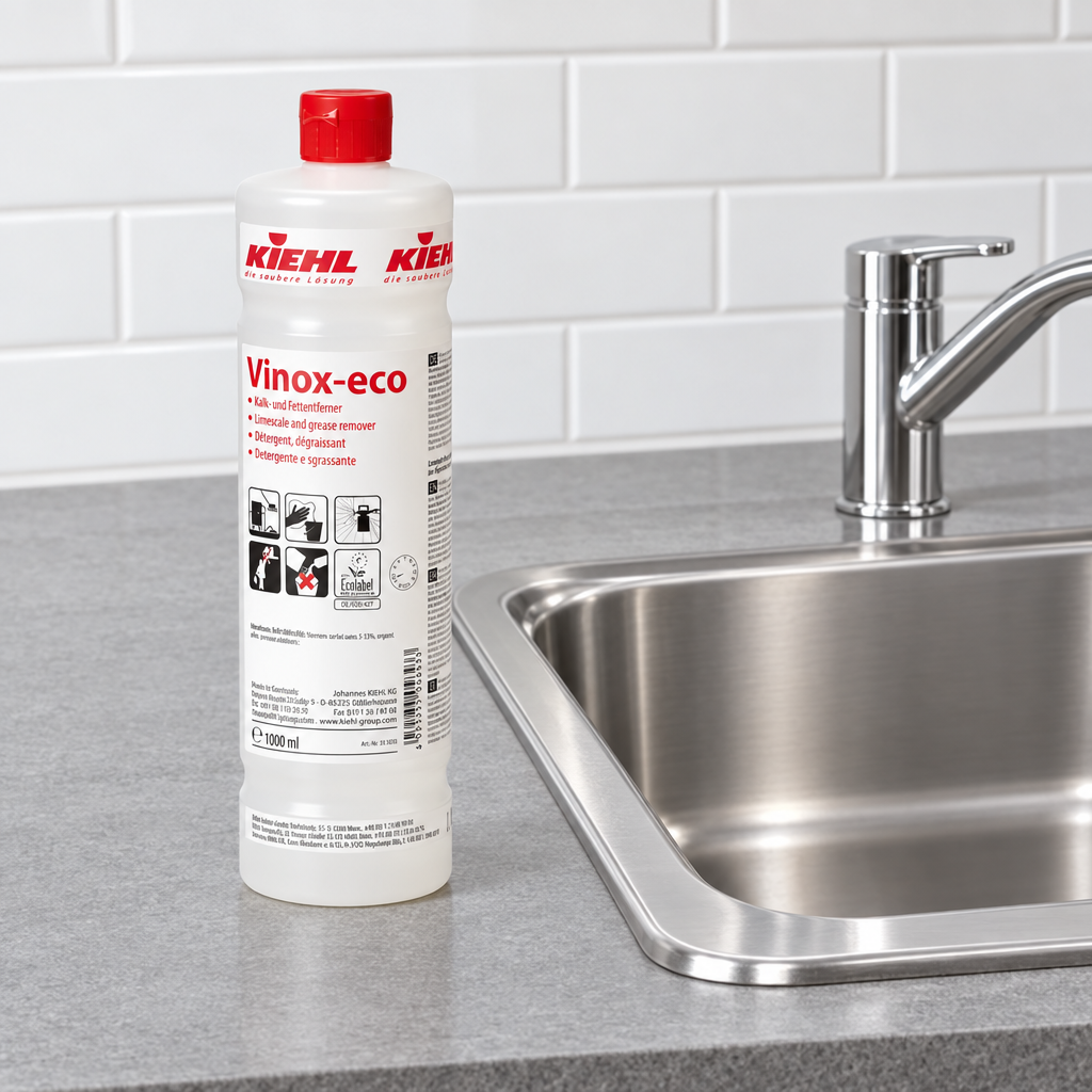Kiehl Vinox-eco 1 L ved tom køkkenvask, stemningsbillede