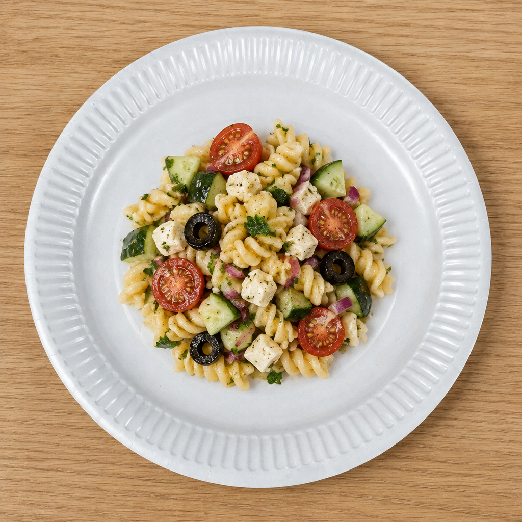 Hvid paptallerken med fin rillet kant og pastasalat