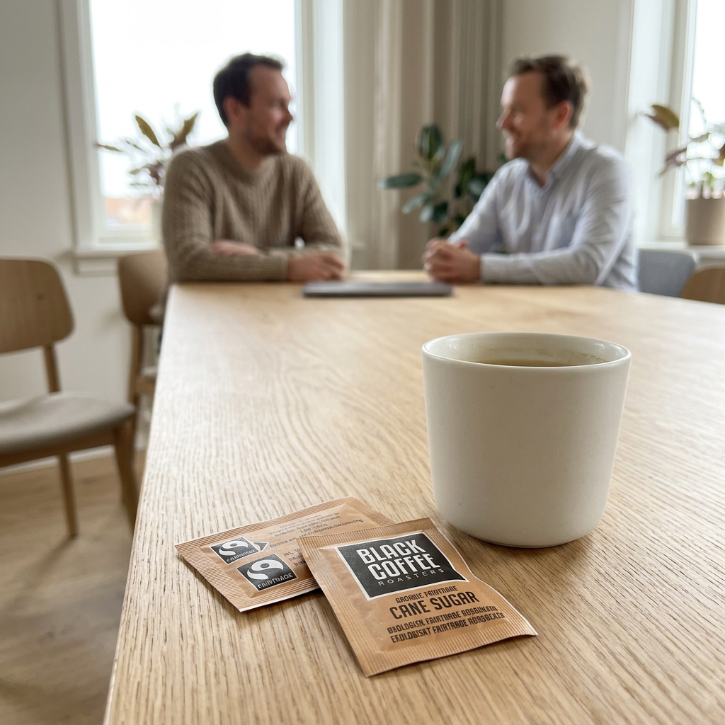 Portionsrørsukker ved kaffekop med to voksne i kontorets mødelokale