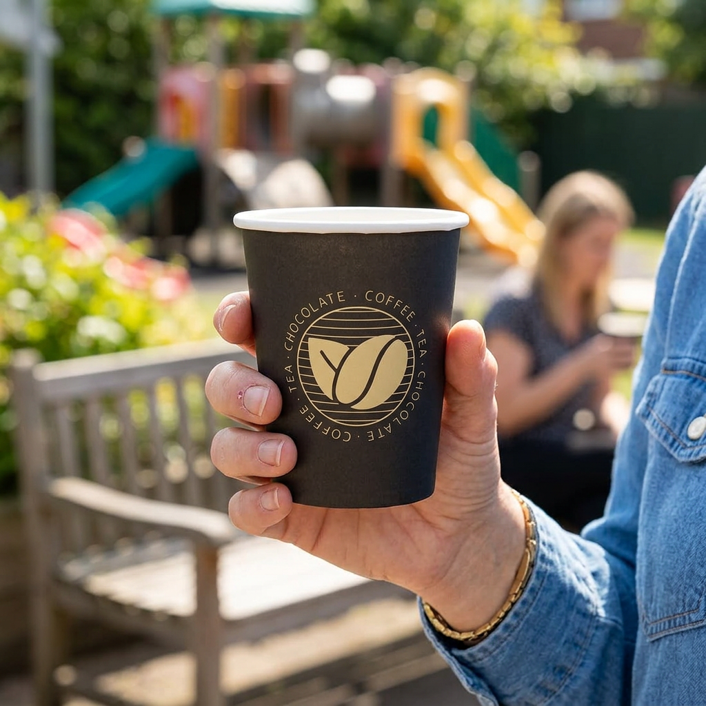 Voksen holder Beans kaffebæger ved solrig institutionshave
