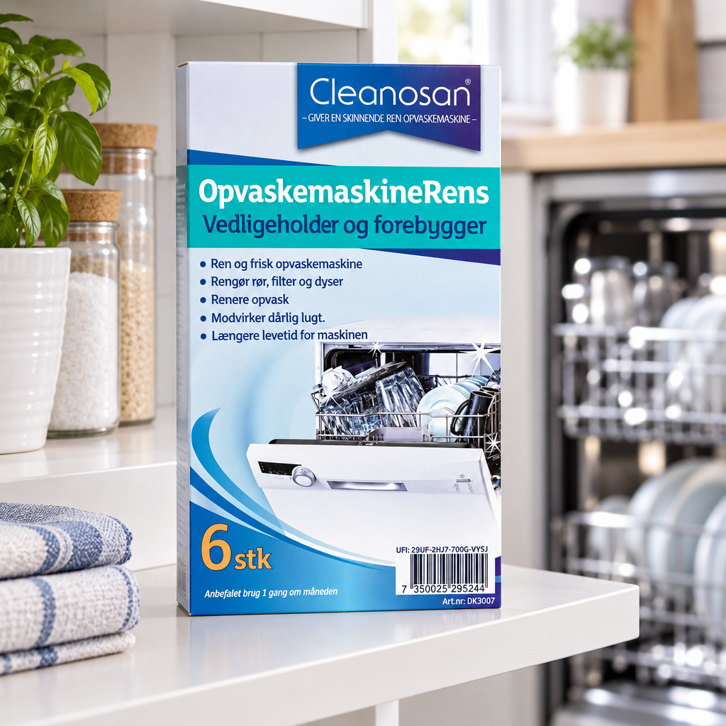 Stemningsillustration af Cleanosan opvaskemaskinerens på hylde i køkken